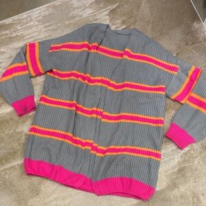 Boutique- Gray Cardigan with Pink and Orange Stripes